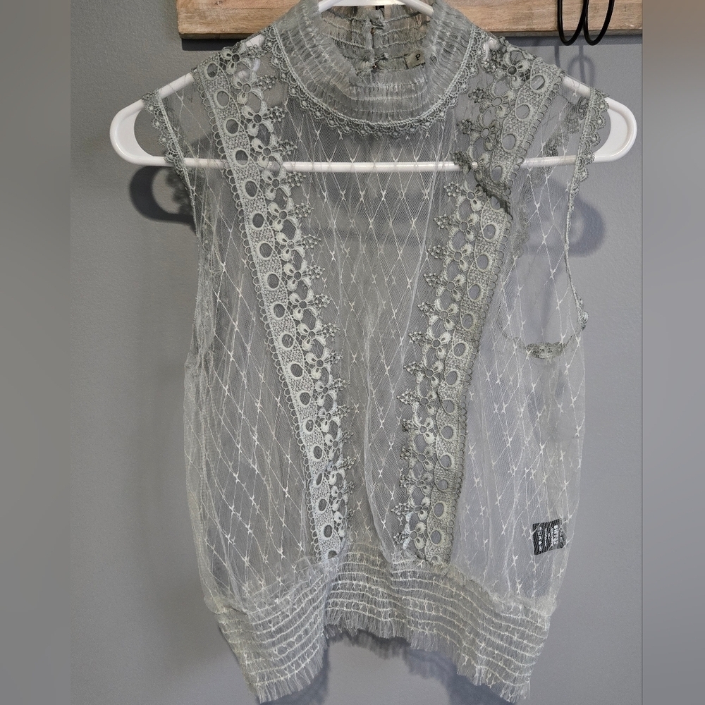 POL Gray Embellished Sheer Tank Top, Size Small